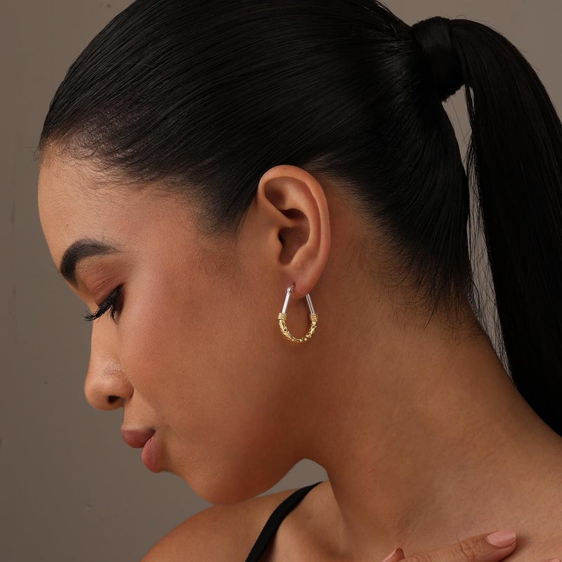 LeCalla Sterling Silver and Gold Earrings - 925 Sterling Silver Two Tone Earrings, Diamond Cut 14k Gold Plated Hoop Earrings for Women 25mm - Image 2