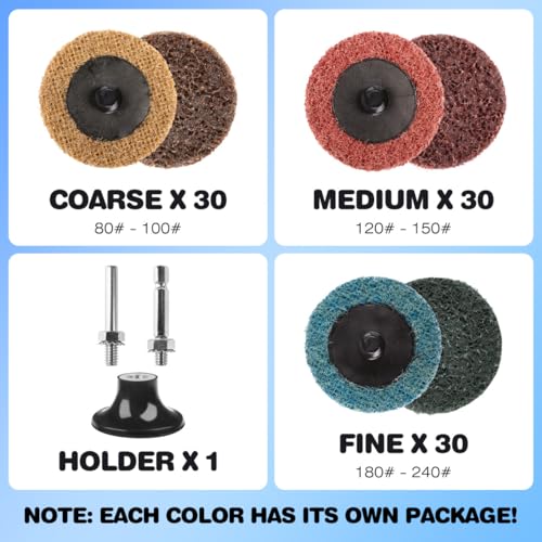 Rolokit 92PCS 2 Inch Quick Change Sanding Discs Set:90PCS Surface Conditioning Pneumatic/Die Grinder Sanding Discs with 1/4" Roll Lock Holder Pad for Metal Strip Clean Polish Burr Finish (Fine Medium Coarse) - Image 2