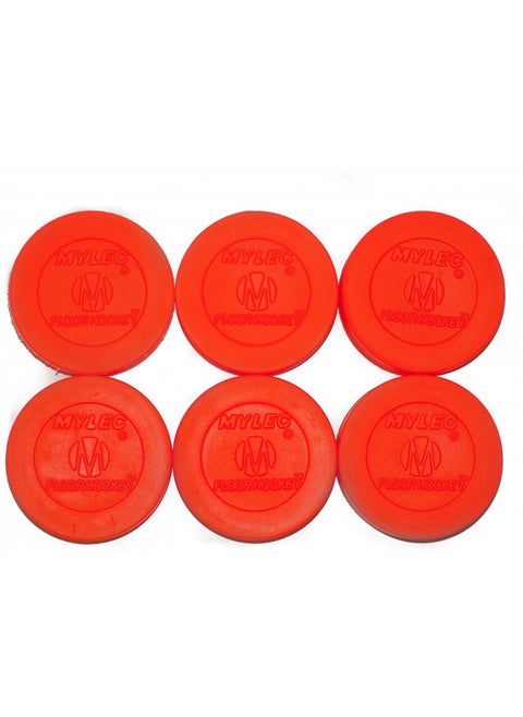 Mylec Hockey Pucks for Indoor & Outdoor Hockey, Lightweight Hollow Plastic Pucks for Street Hockey, (Orange, Pack of 6)