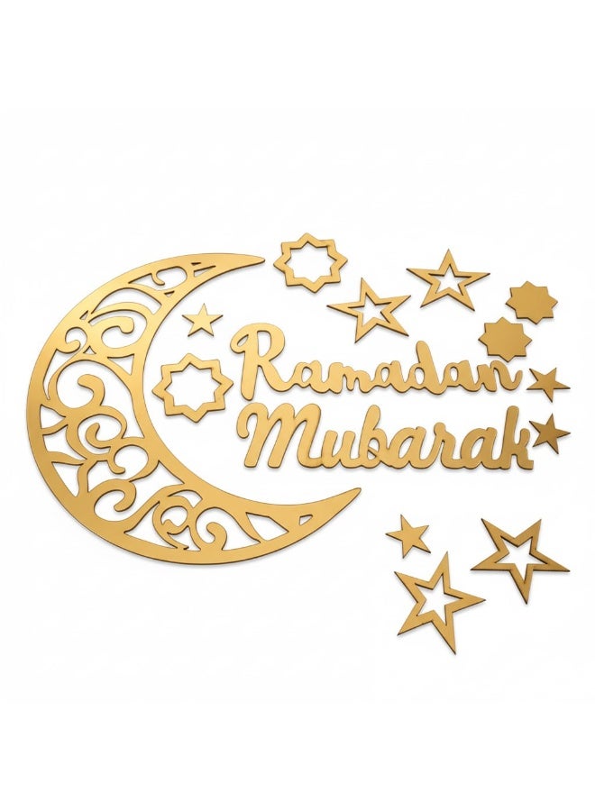 Wooden Golden Ramadan Mubarak Wall Decor Set - Crescent & Stars (Hanging & Adhesive). - Image 1