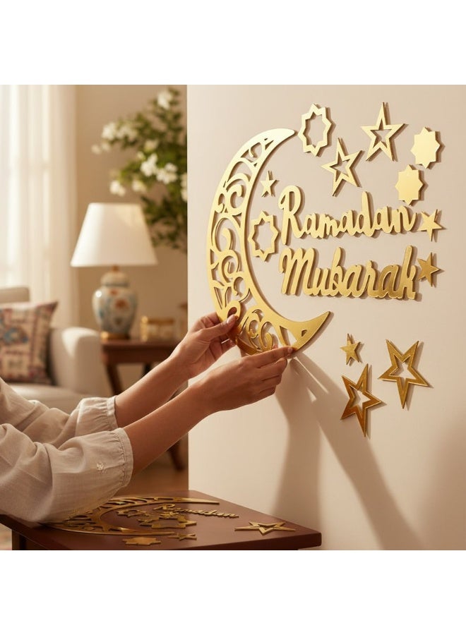 Wooden Golden Ramadan Mubarak Wall Decor Set - Crescent & Stars (Hanging & Adhesive). - Image 2