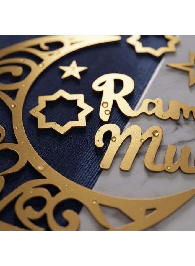 Wooden Golden Ramadan Mubarak Wall Decor Set - Crescent & Stars (Hanging & Adhesive). - Image 3