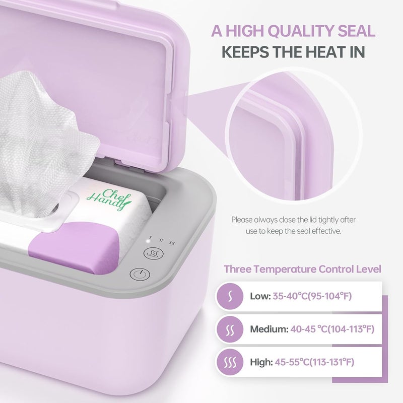 chefhandy Wipe Warmer with Adjustable Temperature, Silent Heating & Large Capacity | Constant Warmth for Baby or Adult Wipes, Purple - Image 4