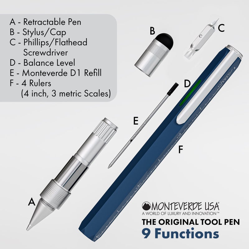 Monteverde USA 9-in-1 Tool Ballpoint Pen in Blue â€“ Multifunctional Pen with Stylus, Screwdrivers, Level, and Ruler â€“ Exclusive Collection, Ideal Gift for Professionals - Image 3