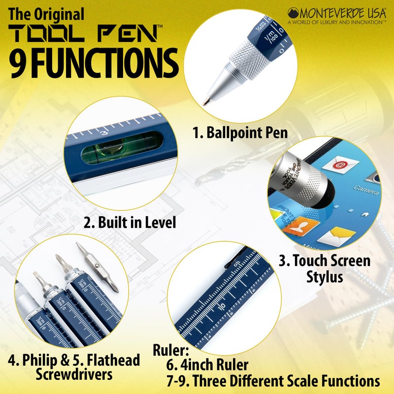 Monteverde USA 9-in-1 Tool Ballpoint Pen in Blue â€“ Multifunctional Pen with Stylus, Screwdrivers, Level, and Ruler â€“ Exclusive Collection, Ideal Gift for Professionals - Image 2
