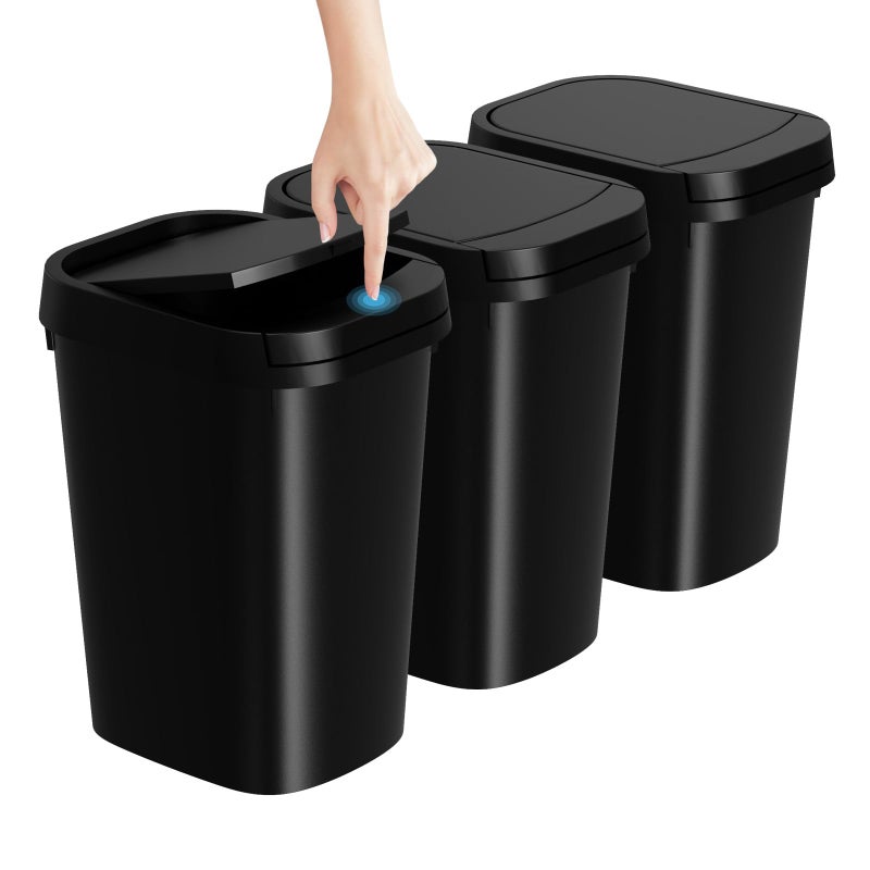 KSSKSS 3 Pack Bathroom Small Trash Can with Lid, 2.6 Gallon Slim Garbage Bin with Pop-Up Lid, 10L Plastic Wastebasket for Bedroom, Office, Kitchen, Toilet (Black) - Image 1