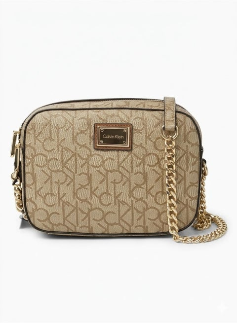 Calvin Klein Must Camera Bag – Beige Monogram Small Crossbody Bag with Gold Chain Strap