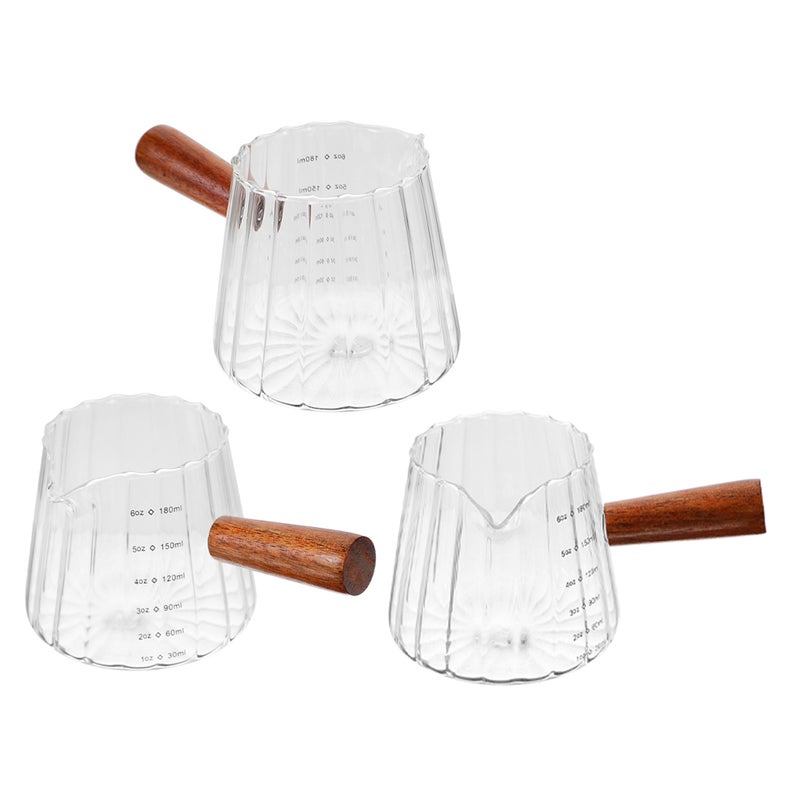 3pcs Glass Espresso Cup 180ml Small Measuring Cup with Wood Handle Clear Creamer Pitcher for Home Cafe - Image 1