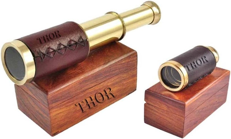 THOR INSTRUMENTS Antique Marine 6" Brass Handheld Telescope Pirate Nautical with Anchor Wooden Box Rustic Vintage Home Decor Gifts - Image 3