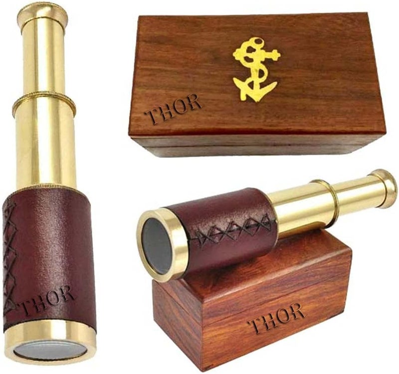 THOR INSTRUMENTS Antique Marine 6" Brass Handheld Telescope Pirate Nautical with Anchor Wooden Box Rustic Vintage Home Decor Gifts - Image 2