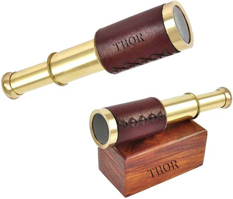 THOR INSTRUMENTS Antique Marine 6" Brass Handheld Telescope Pirate Nautical with Anchor Wooden Box Rustic Vintage Home Decor Gifts - Image 1