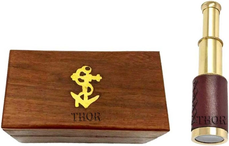 THOR INSTRUMENTS Antique Marine 6" Brass Handheld Telescope Pirate Nautical with Anchor Wooden Box Rustic Vintage Home Decor Gifts - Image 4