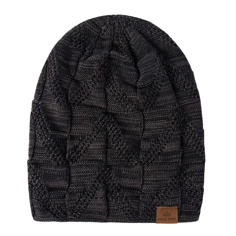 PAGE ONE Mens Winter Slouchy Beanie Warm Fleece Lined Skull Cap Baggy Cable Knit Hat Black - Image 3