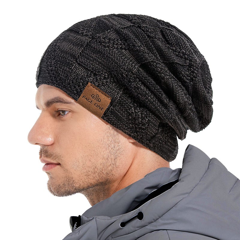 PAGE ONE Mens Winter Slouchy Beanie Warm Fleece Lined Skull Cap Baggy Cable Knit Hat Black - Image 2