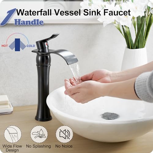 HOIGY Vessel Sink Faucet Oil Rubbed Bronze, Brass Tall Bathroom Faucet Waterfall 1 Hole, Bathroom Faucets Single Handle Bathroom Sink Faucet Bronze with Pop-Up Drain & Water Hoses for Farmhouse - Image 2