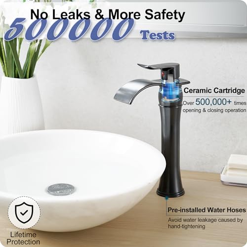 HOIGY Vessel Sink Faucet Oil Rubbed Bronze, Brass Tall Bathroom Faucet Waterfall 1 Hole, Bathroom Faucets Single Handle Bathroom Sink Faucet Bronze with Pop-Up Drain & Water Hoses for Farmhouse - Image 3