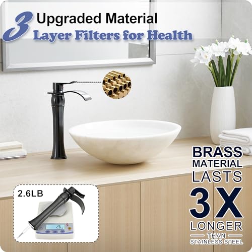 HOIGY Vessel Sink Faucet Oil Rubbed Bronze, Brass Tall Bathroom Faucet Waterfall 1 Hole, Bathroom Faucets Single Handle Bathroom Sink Faucet Bronze with Pop-Up Drain & Water Hoses for Farmhouse - Image 4