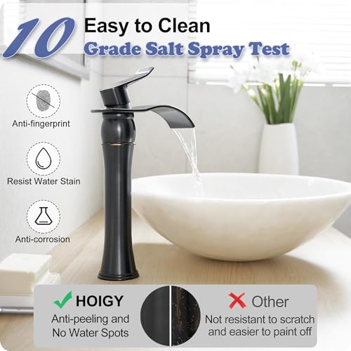 HOIGY Vessel Sink Faucet Oil Rubbed Bronze, Brass Tall Bathroom Faucet Waterfall 1 Hole, Bathroom Faucets Single Handle Bathroom Sink Faucet Bronze with Pop-Up Drain & Water Hoses for Farmhouse - Image 5