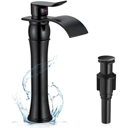 HOIGY Vessel Sink Faucet Oil Rubbed Bronze, Brass Tall Bathroom Faucet Waterfall 1 Hole, Bathroom Faucets Single Handle Bathroom Sink Faucet Bronze with Pop-Up Drain & Water Hoses for Farmhouse - Image 1