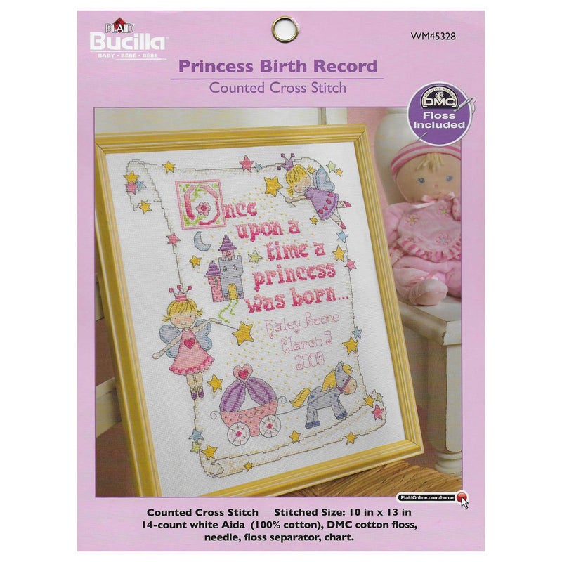 Bucilla Counted Cross Stitch Birth Record Kit 10 by 13Inch 45328 Princess Pink