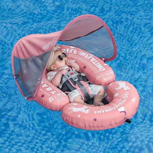 HECCEI Mambobaby Baby Pool Floats Hammock with Canopy Portable Swimming Floating Toys SelfInflating Water Hammock Pool Raft Floatie Lounger for Baby Summer Lake Beach UPF50 Pink - Image 1