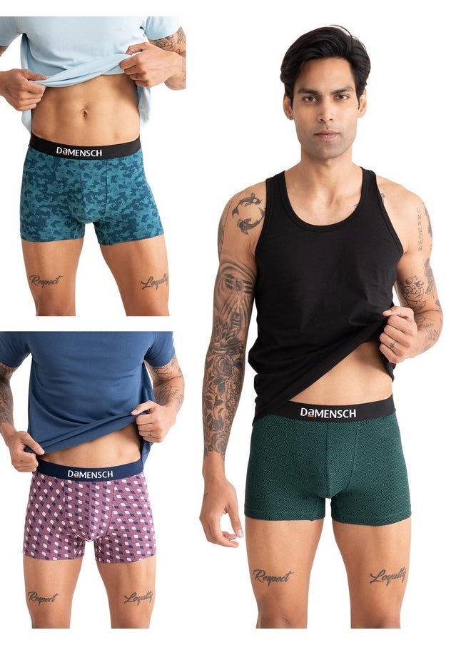 DaMENSCH - DAMENSCH Men's Regular Fit Printed Cotton Trunks | Combed Cotton, Stretchy Fabric Underwear for Men, Trunks for Men, Boxer Briefs for Men,Mens Underwear-Forest Biome,Tulipwood,Colonial Blue-XL - Image 1