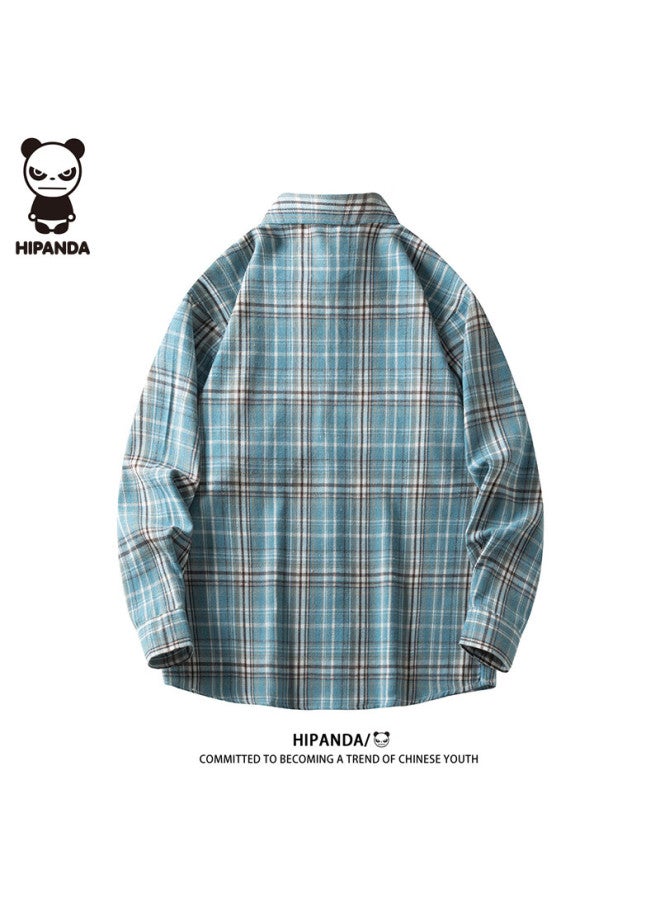 Hipanda Men's Long Sleeve Spring Loose Casual Shirt Trendy Plaid Jacket Men's Deep Blue 3XL - Image 1