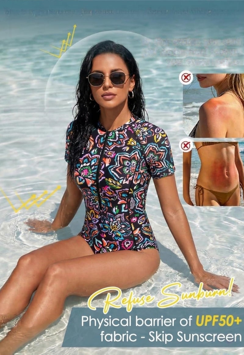 Holipick Colorful Paisley Short Sleeve Rash Guard for Women - Modest One Piece Swimsuit UPF 50+ Zipper Bathing Suit M - Image 2