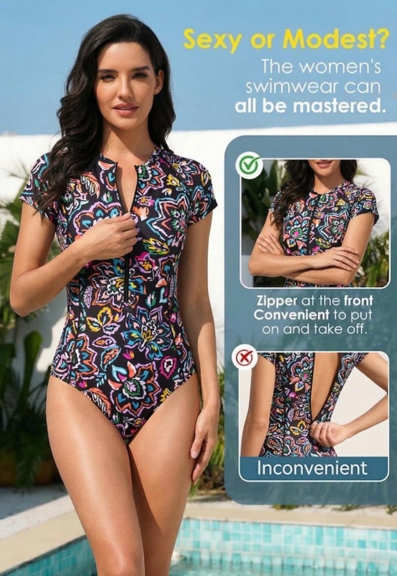 Holipick Colorful Paisley Short Sleeve Rash Guard for Women - Modest One Piece Swimsuit UPF 50+ Zipper Bathing Suit M - Image 3
