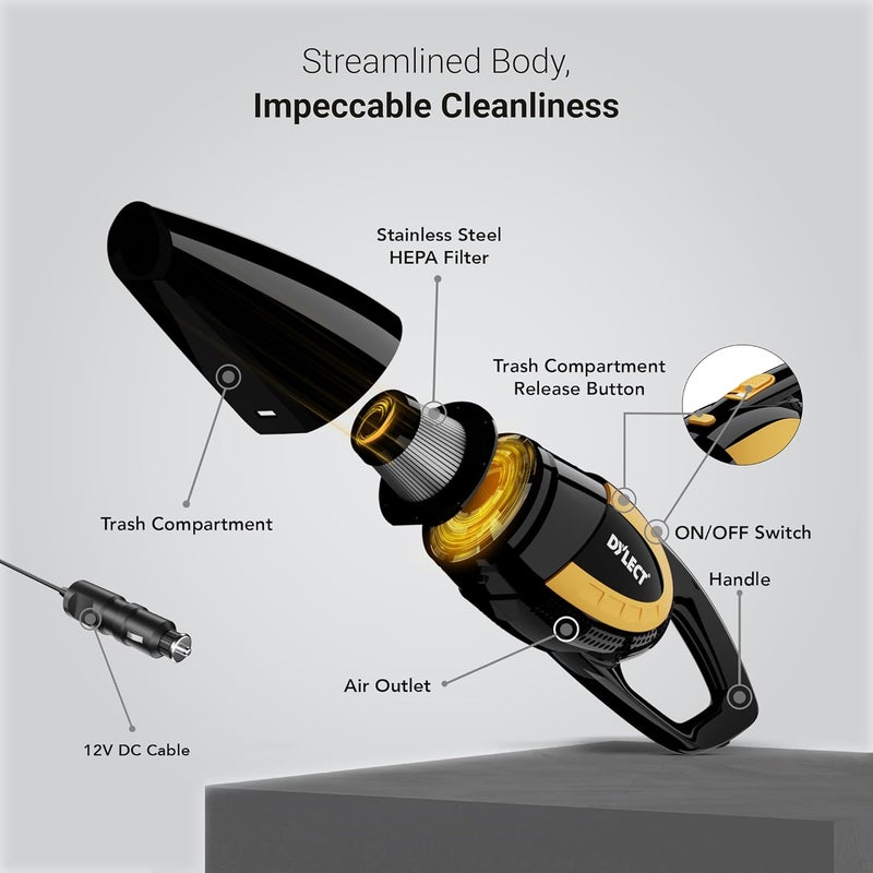 Dylect Car Vacuum Cleaner: 120W&5500Pa Strong Suction,Washable Hepa Steel Filter,Copper Motor with Aluminium Fan,Compact&Lightweight for Dry Use,Sleek Mirror Body,14.7Ft Long Cable,0.5 Liter - Image 5