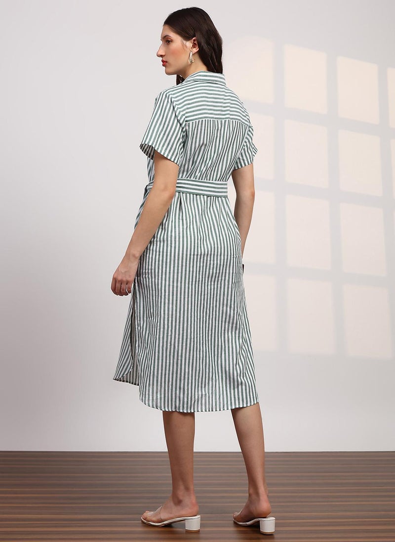 Globus Women's Green White Casual Striped Cruved Hem Midi Dress with Shirt Collar and Belted Waist - Image 4