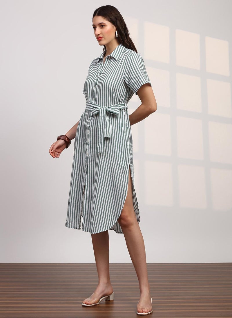 Globus Women's Green White Casual Striped Cruved Hem Midi Dress with Shirt Collar and Belted Waist - Image 3