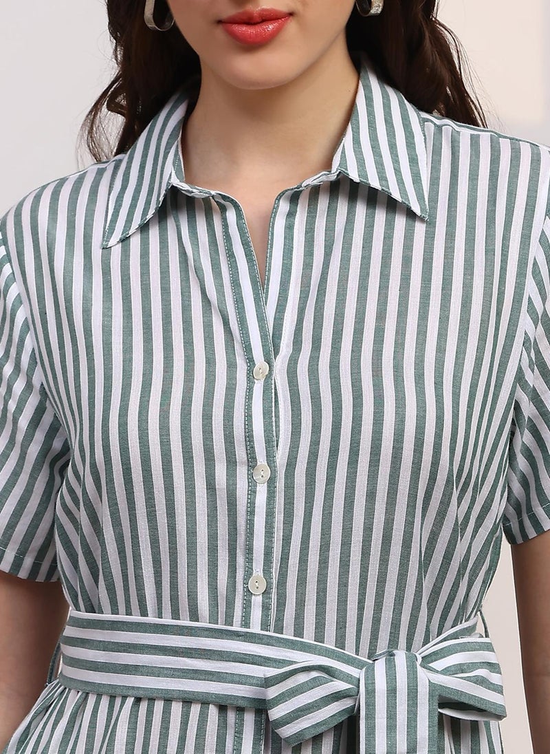 Globus Women's Green White Casual Striped Cruved Hem Midi Dress with Shirt Collar and Belted Waist - Image 5