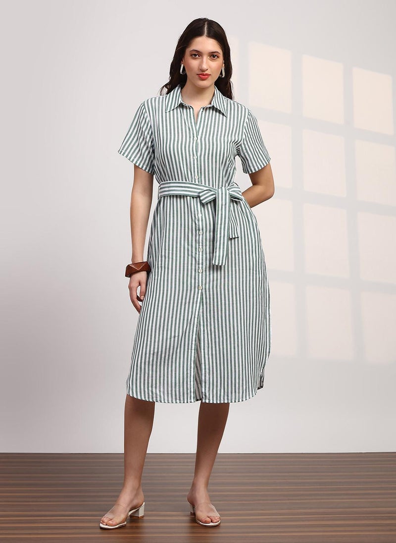 Globus Women's Green White Casual Striped Cruved Hem Midi Dress with Shirt Collar and Belted Waist - Image 1