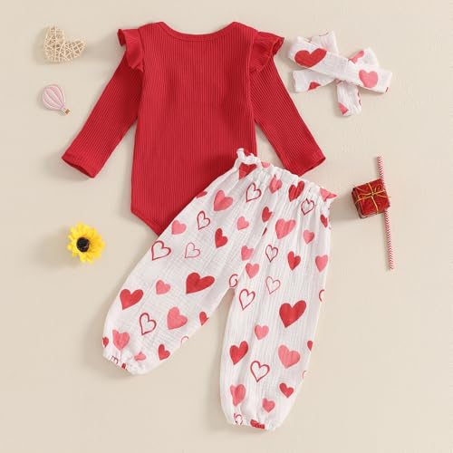 Rtnnsbbfcm Newborn Baby Girl Valentine's Day Outfit Long Sleeve Ribbed Romper Heart Print Pants Headband 3Pcs Set (Red, 12-18 Months) - Image 3