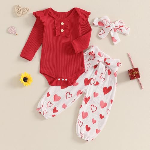 Rtnnsbbfcm Newborn Baby Girl Valentine's Day Outfit Long Sleeve Ribbed Romper Heart Print Pants Headband 3Pcs Set (Red, 12-18 Months) - Image 2