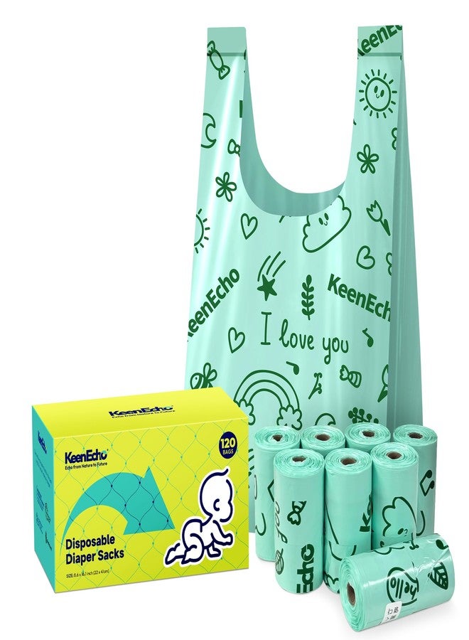 KeenEcho Disposable Diaper Bags with Handles 120 Count (8 Rolls), Unscented Leak-Proof Diaper Trash Bags & Sacks or Pet Waste Bag, Ocean Recycled Plastic, Green - Image 1