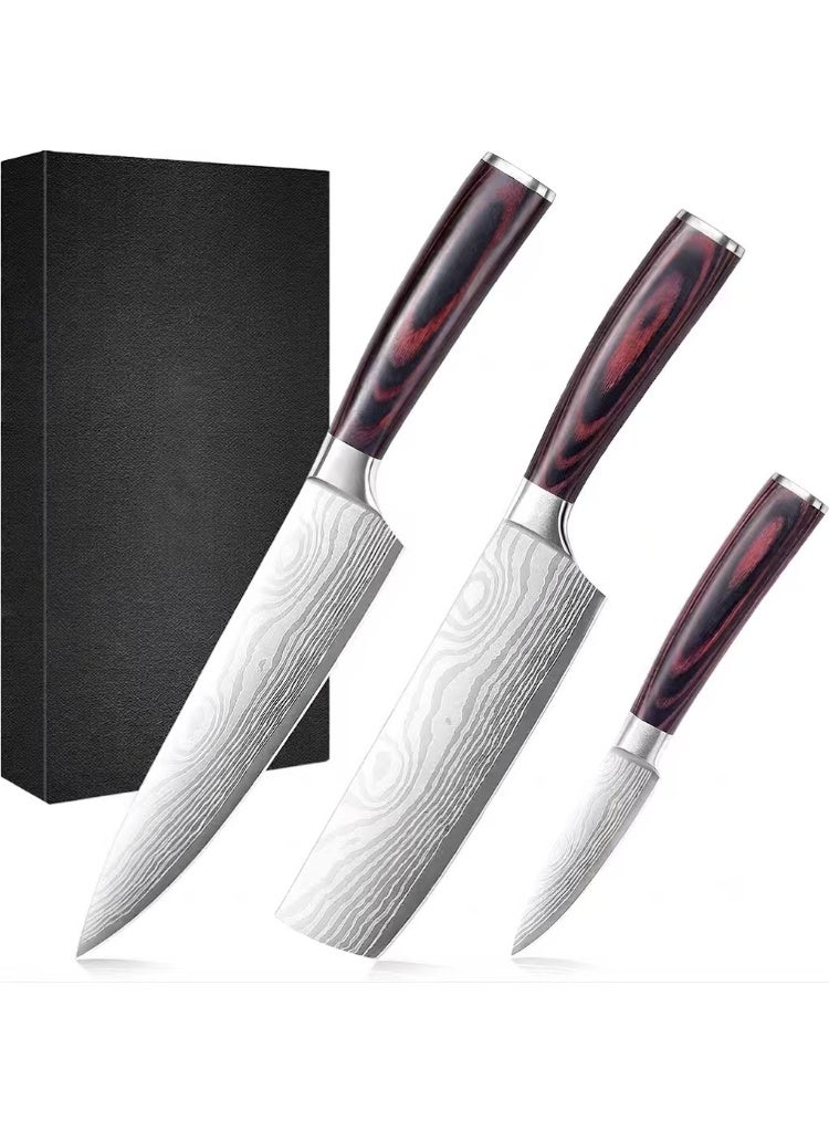 KLYTE Premium 3-Piece Butcher Knife Set, Professional Chef Kitchen Knife Collection with Ergonomic Patterned Handles and Gift Box for Home Cooking - Image 1