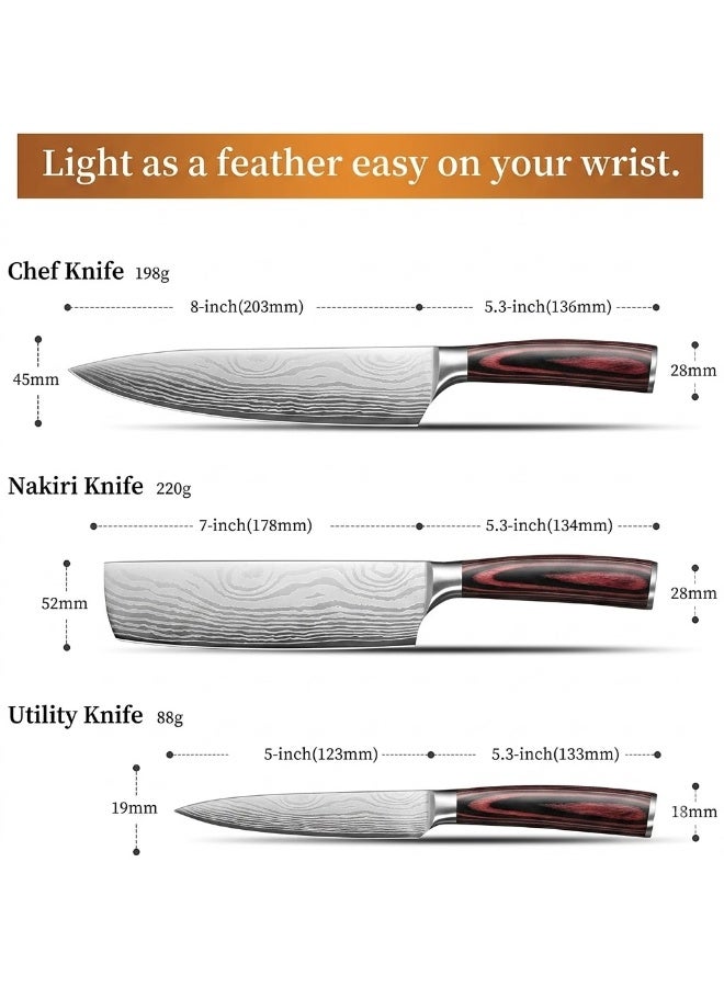 KLYTE Premium 3-Piece Butcher Knife Set, Professional Chef Kitchen Knife Collection with Ergonomic Patterned Handles and Gift Box for Home Cooking - Image 2