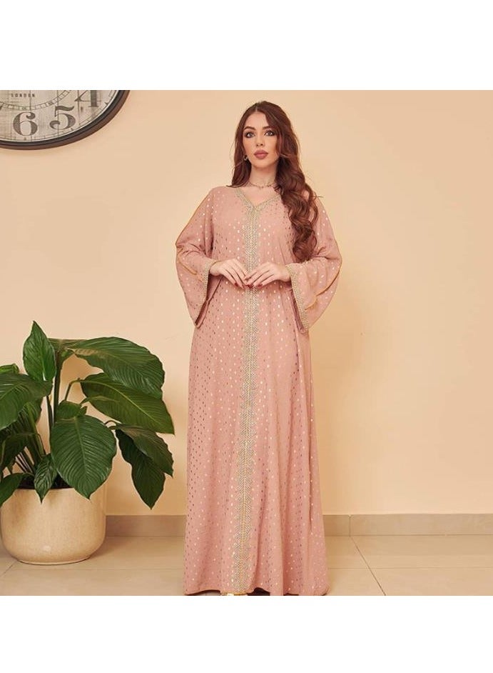 Women's Luxury V-neck Robe Dress Modern Fashion Abaya Middle East Arab Banquet Wedding Party Dress Women's Holiday Clothing Pink  - Image 1