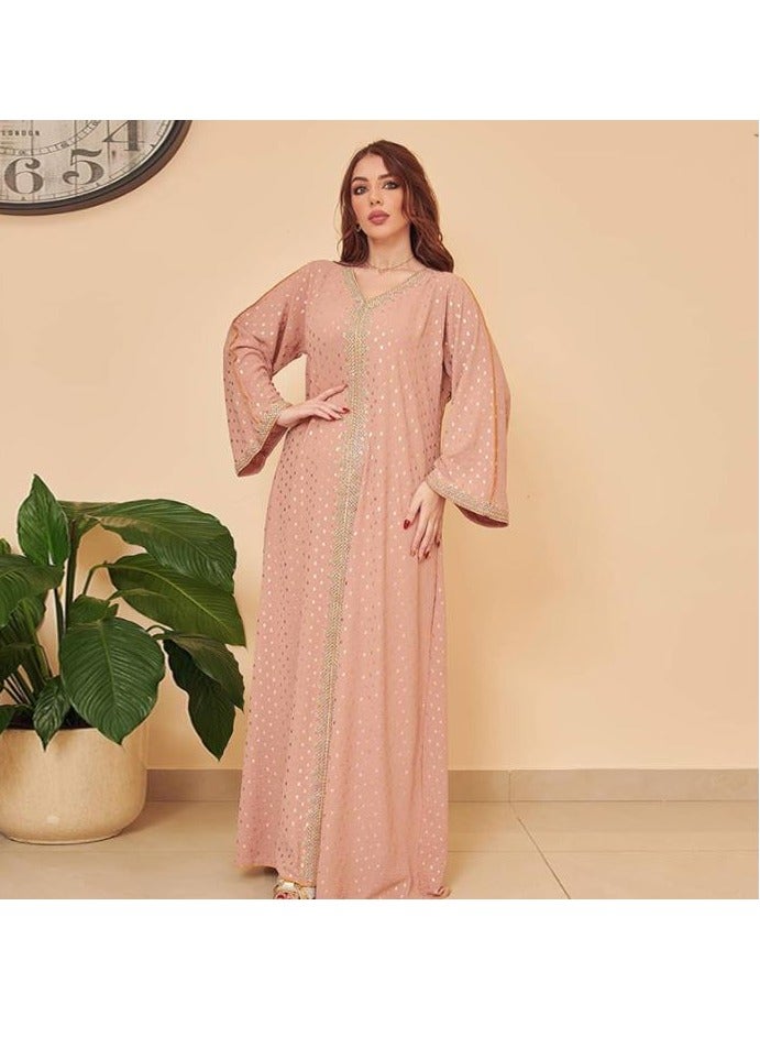 Women's Luxury V-neck Robe Dress Modern Fashion Abaya Middle East Arab Banquet Wedding Party Dress Women's Holiday Clothing Pink  - Image 2