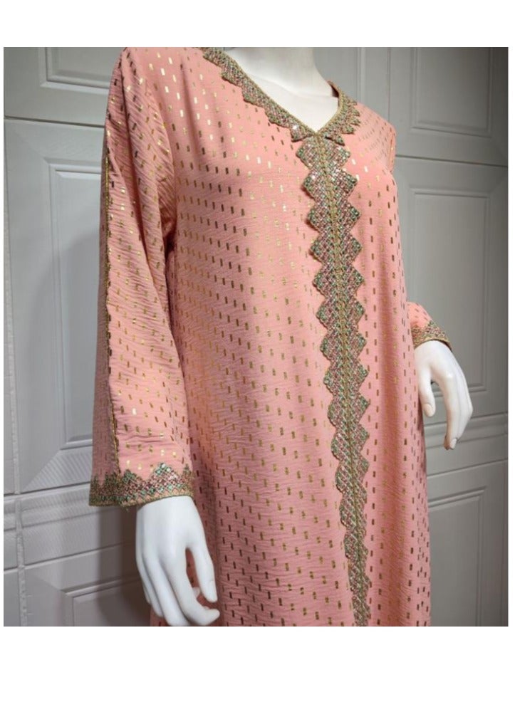 Women's Luxury V-neck Robe Dress Modern Fashion Abaya Middle East Arab Banquet Wedding Party Dress Women's Holiday Clothing Pink  - Image 4
