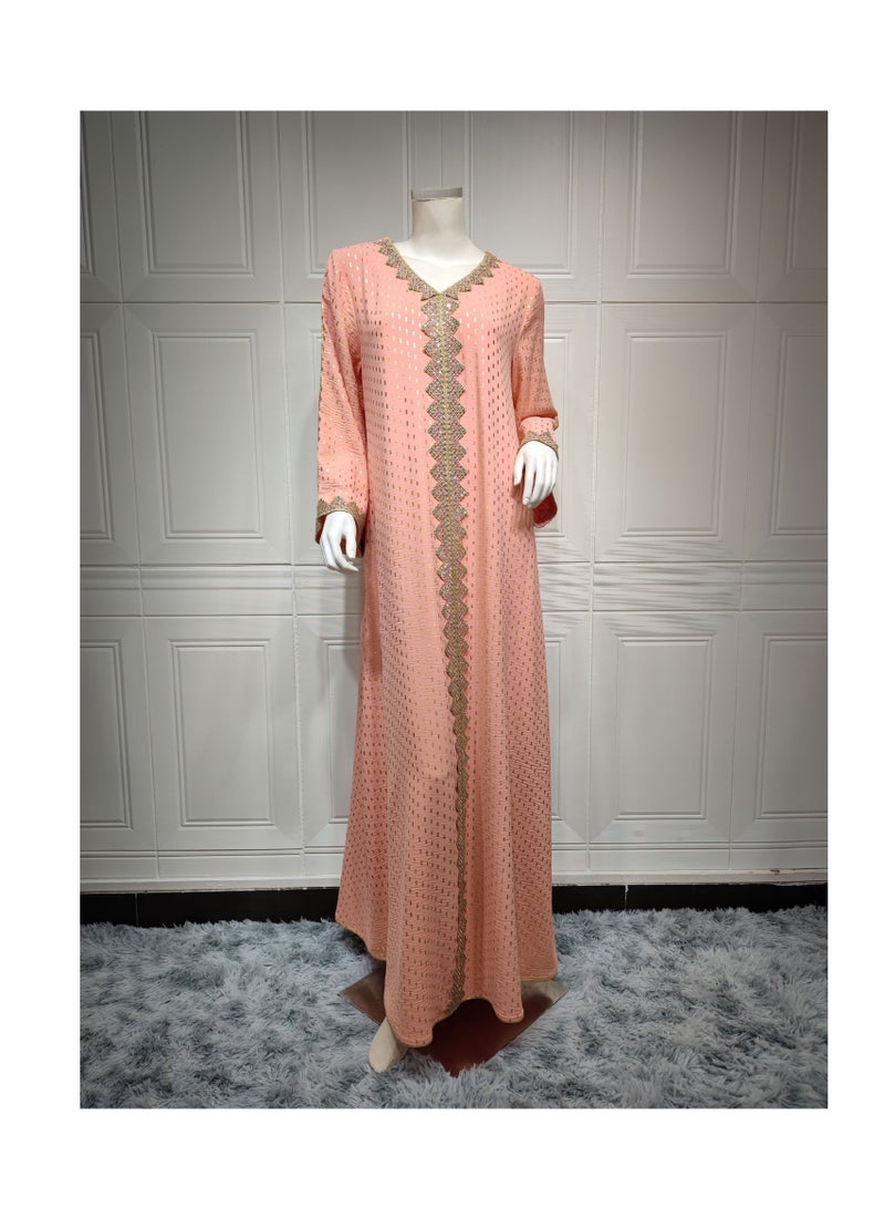 Women's Luxury V-neck Robe Dress Modern Fashion Abaya Middle East Arab Banquet Wedding Party Dress Women's Holiday Clothing Pink  - Image 3