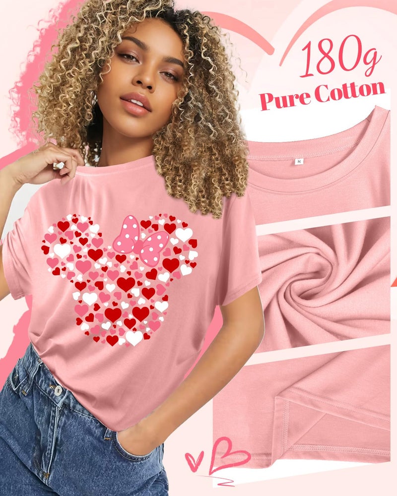 JMHACHY Valentines T-Shirt for Women - Cute Heart Head Bow Design Graphic Shirt, Casual Tee Soft Cotton Crewneck Sleeve Top Print Tops, S - Image 3