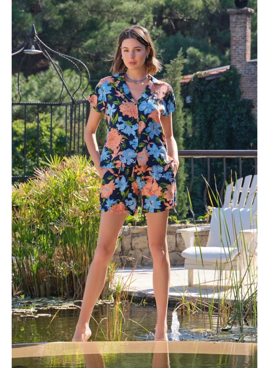 Monamise 22012 Women's Navy Blue Flower Pattern Shorts Set