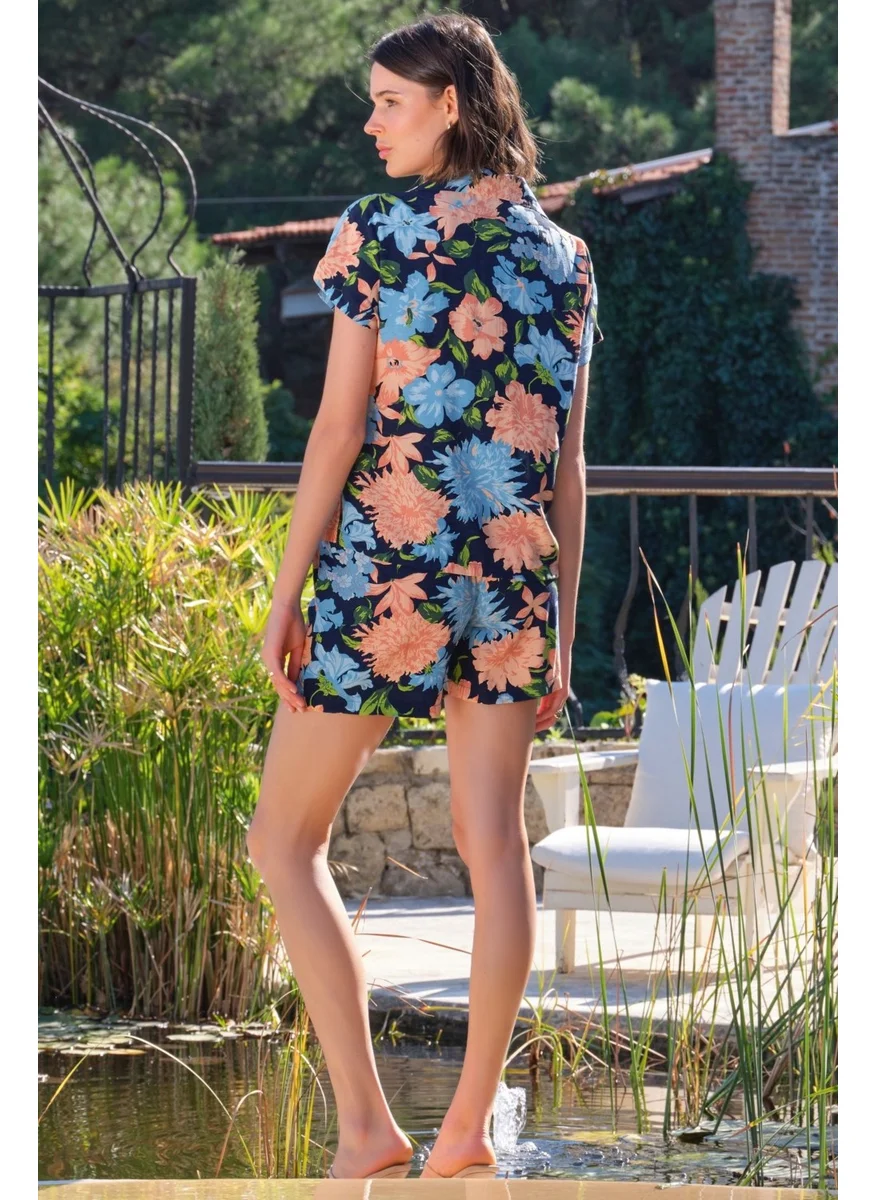 Monamise 22012 Women's Navy Blue Flower Pattern Shorts Set