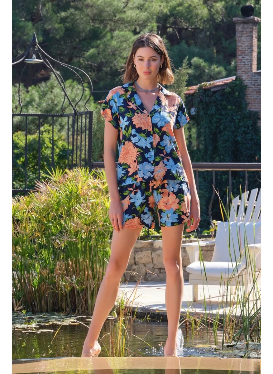 Monamise 22012 Women's Navy Blue Flower Pattern Shorts Set