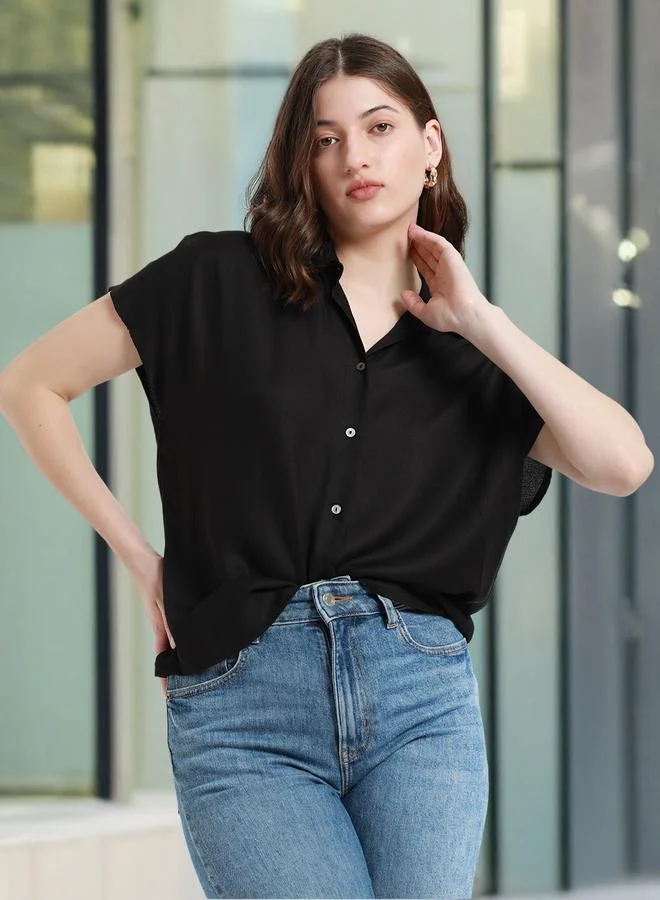 دينيس لينغو بلوزة نسائية سوداء بقصة مريحة - فيسكوز موس، سادة، نصف كم، كاجوال