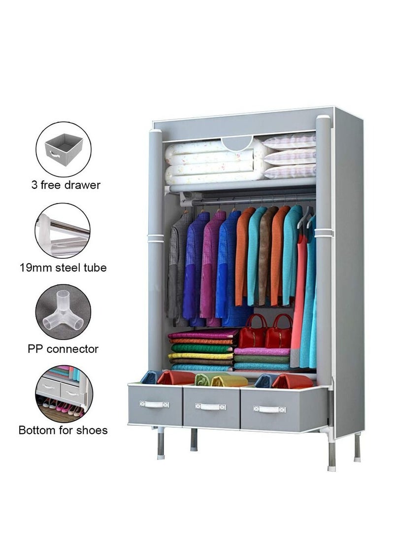 MIXDE - Fabric Wardrobe Clothes Storage Closet with Three Drawer Zipper Foldable Non-Woven Cover Hanging Rod Freestanding Canvas Garment Organizer Rack for Bedroom Home - Image 1