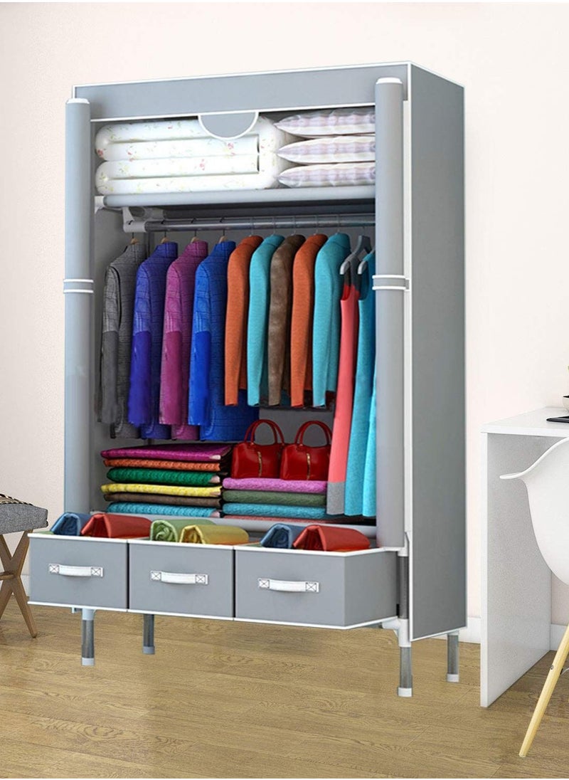 MIXDE - Fabric Wardrobe Clothes Storage Closet with Three Drawer Zipper Foldable Non-Woven Cover Hanging Rod Freestanding Canvas Garment Organizer Rack for Bedroom Home - Image 1